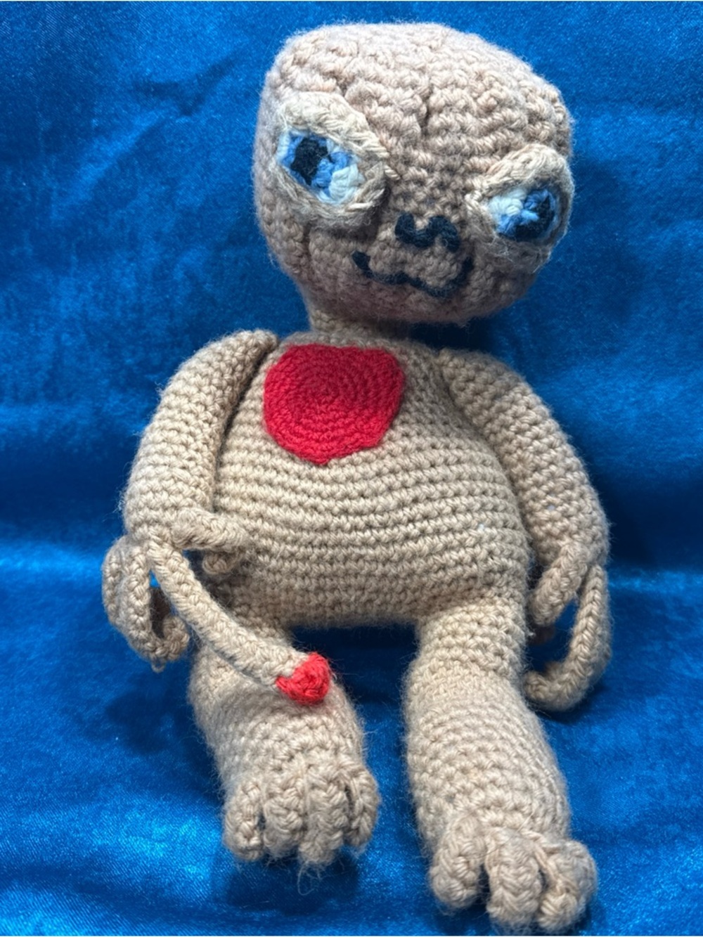 Vintage Hand Crocheted Sewn 14” E.T. Plush Doll Red Heart and Long Finger Tip